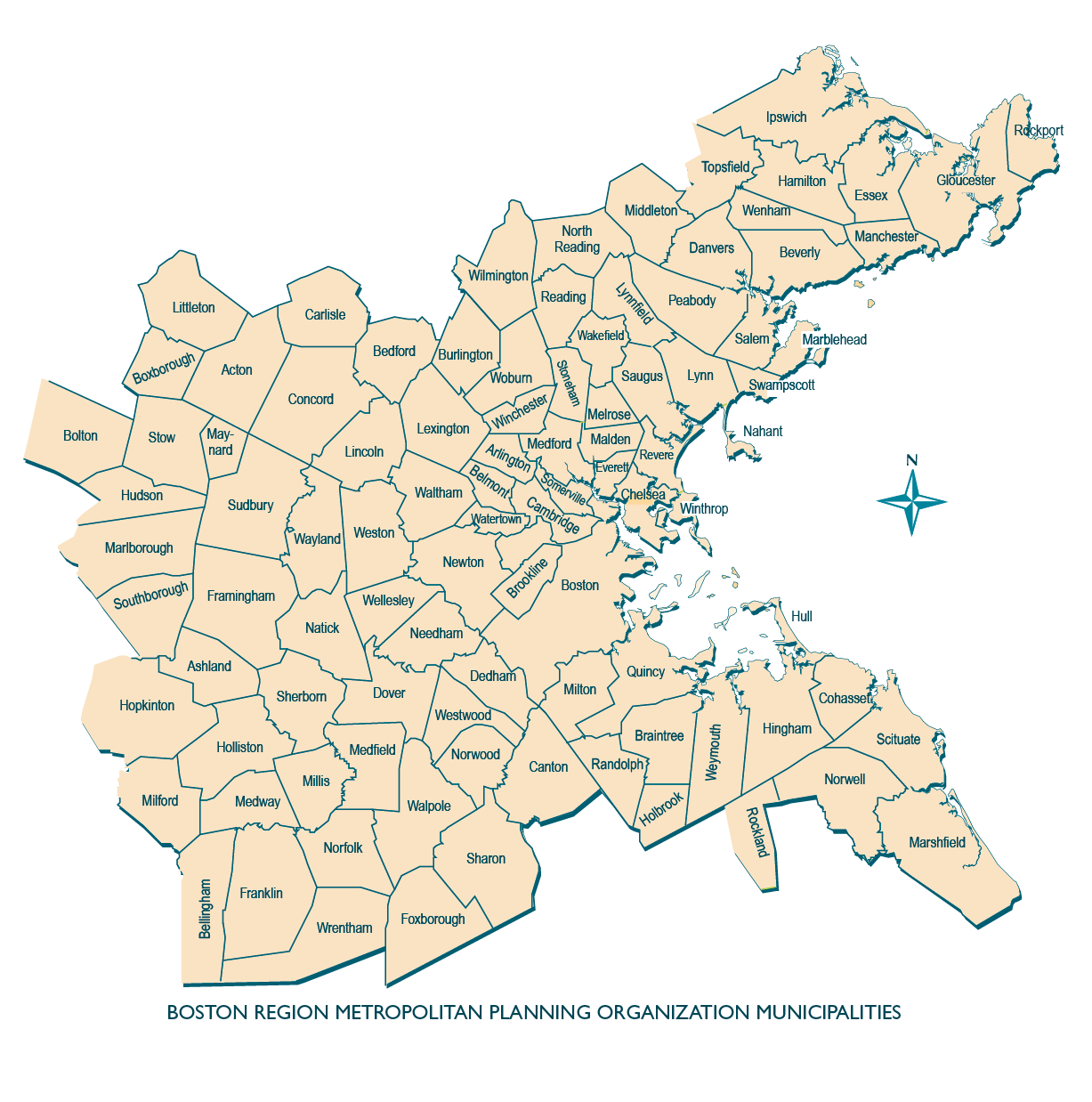 A map of the Boston Region MPO Area. 